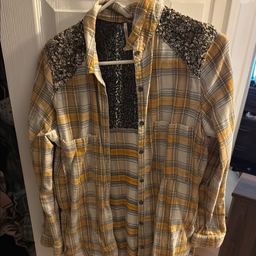 Free People Mustard and Gray Plaid Button-Down Shirt